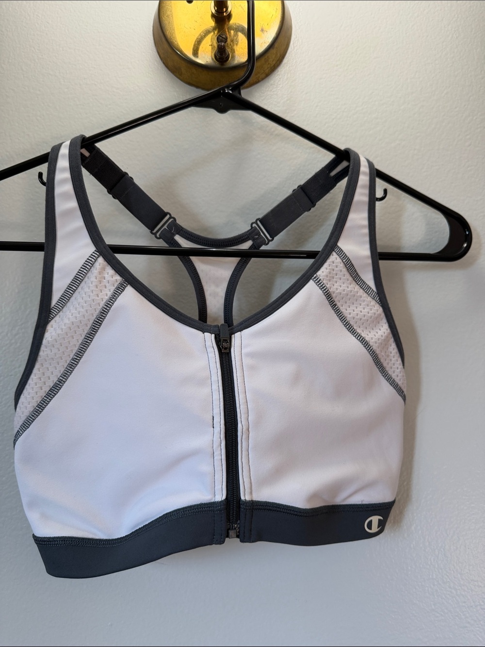 Champion White & Gray Front Zip Racerback Sports Bra
